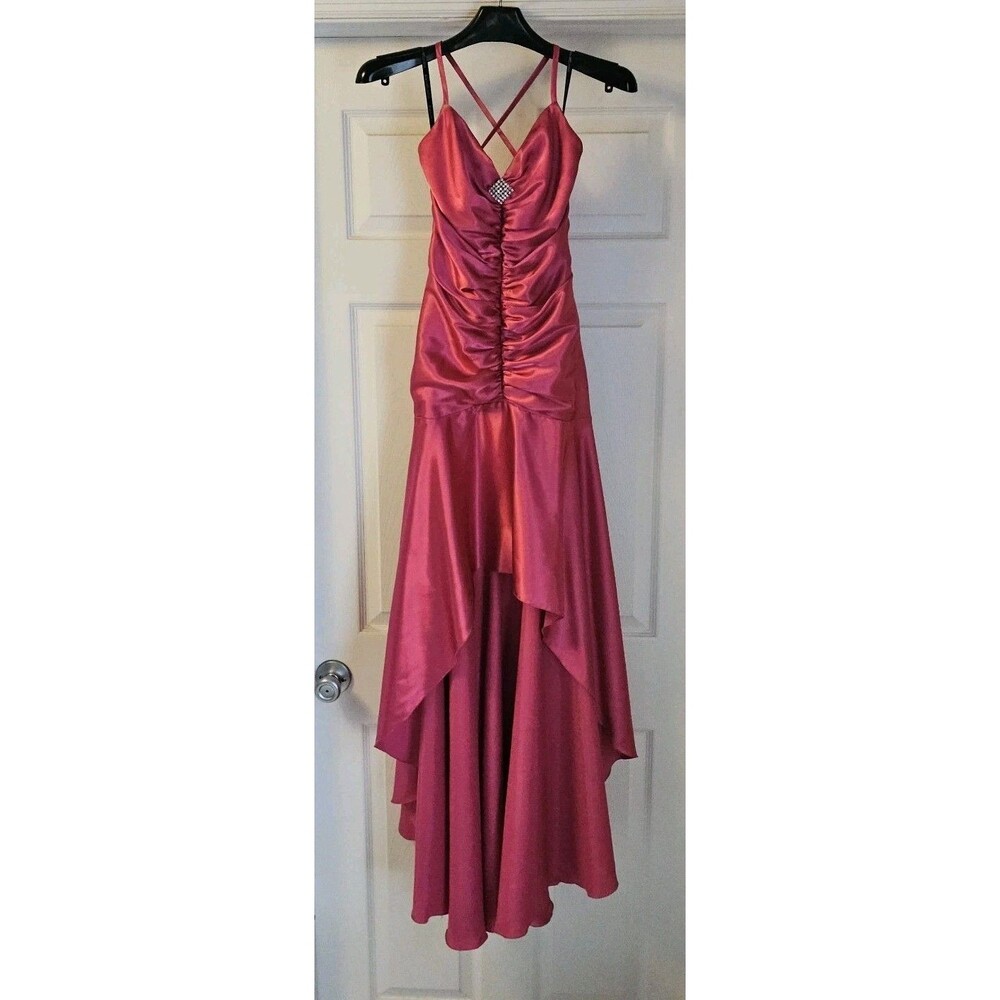 Vintage Gunne Sax Jessica McClintock Pink Satin Hi Low Prom Dress Ruched 5 Y2K